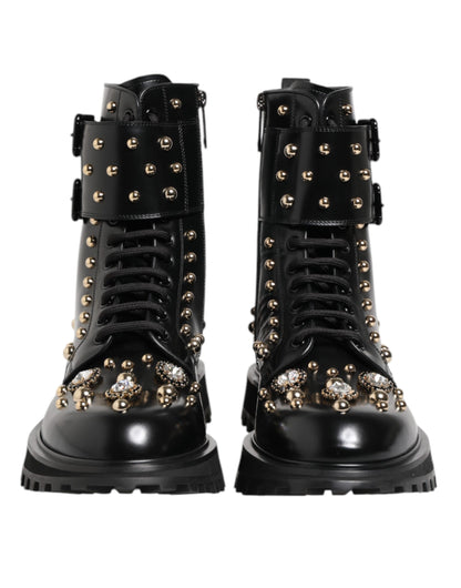 Dolce &amp; Gabbana Black Studded Lace Up Mid Calf Boots Shoes