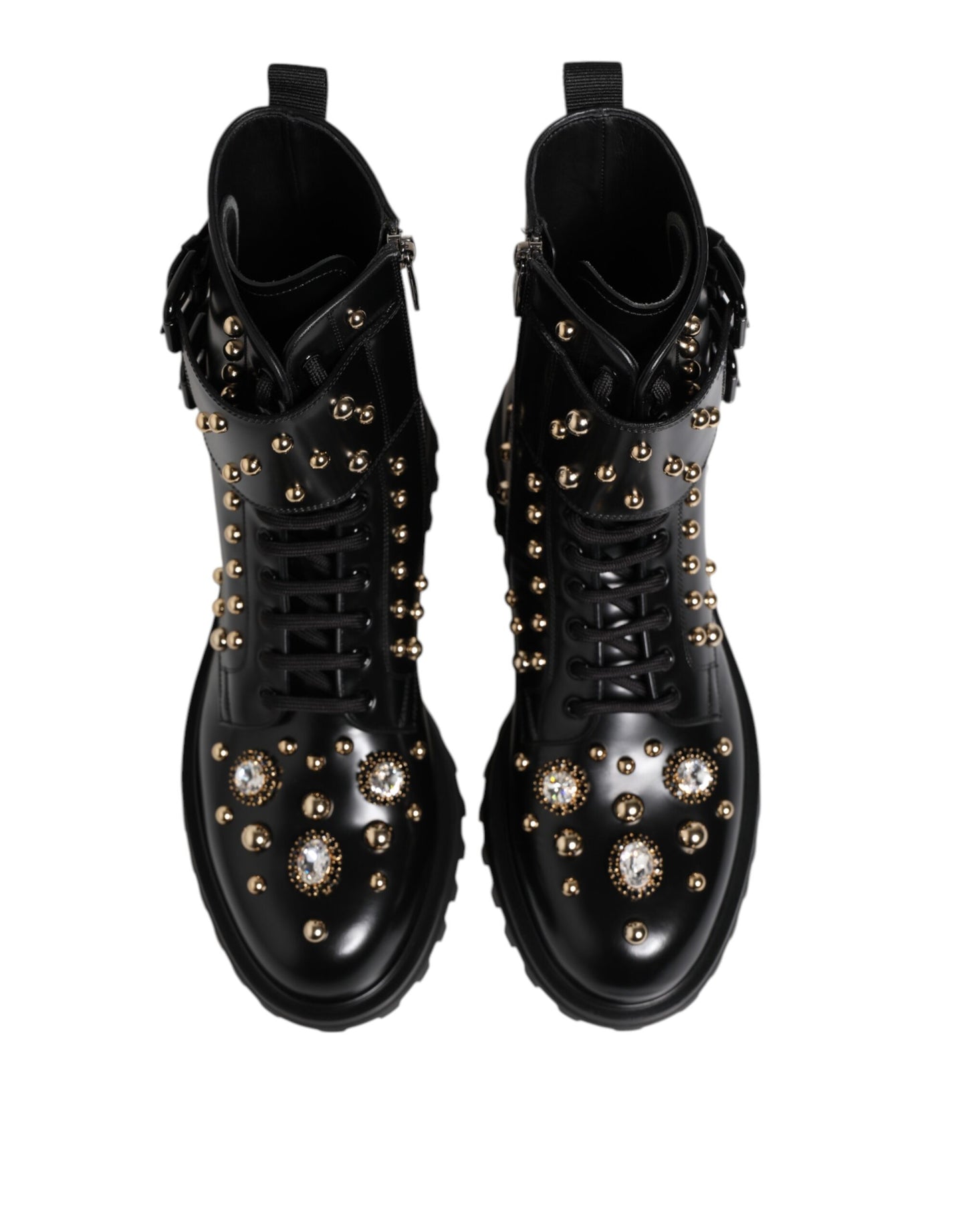 Dolce &amp; Gabbana Black Studded Lace Up Mid Calf Boots Shoes