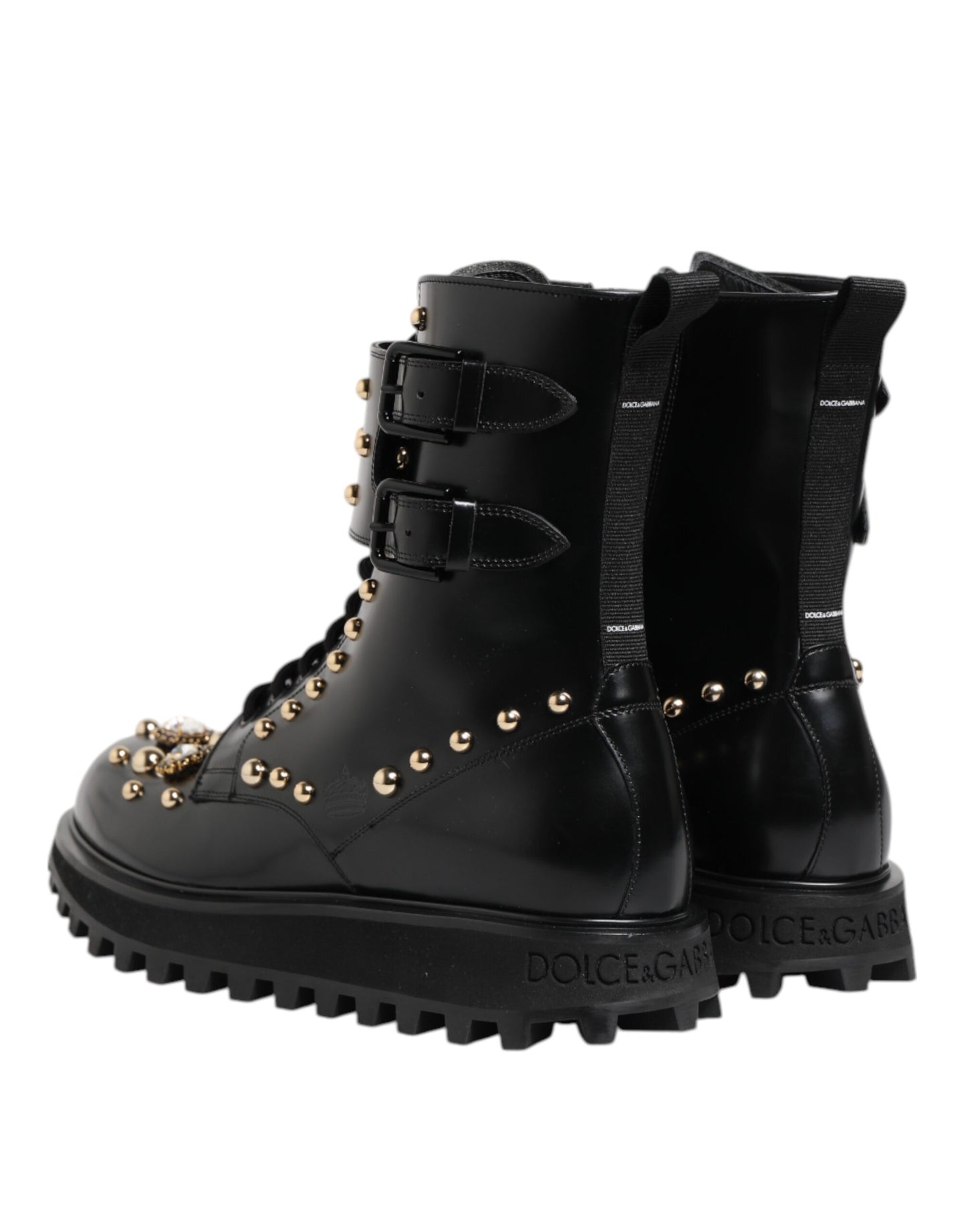 Dolce &amp; Gabbana Black Studded Lace Up Mid Calf Boots Shoes