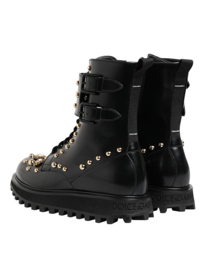 Dolce &amp; Gabbana Black Studded Lace Up Mid Calf Boots Shoes