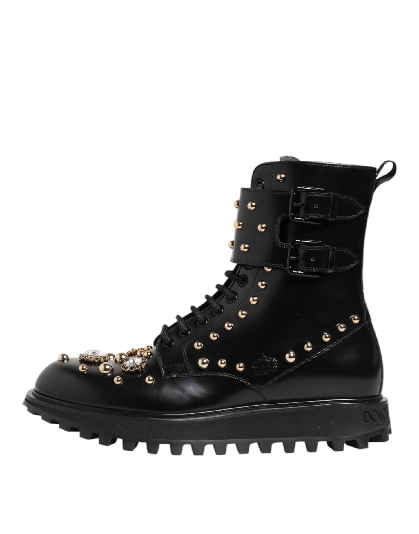 Dolce &amp; Gabbana Black Studded Lace Up Mid Calf Boots Shoes