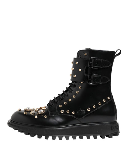 Dolce &amp; Gabbana Black Studded Lace Up Mid Calf Boots Shoes