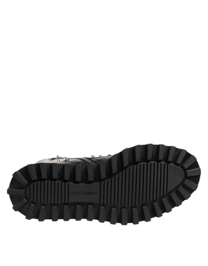 Dolce &amp; Gabbana Black Studded Lace Up Mid Calf Boots Shoes