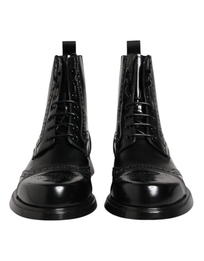 Dolce &amp; Gabbana Black Leather Lace Up Mid Calf Boots Shoes