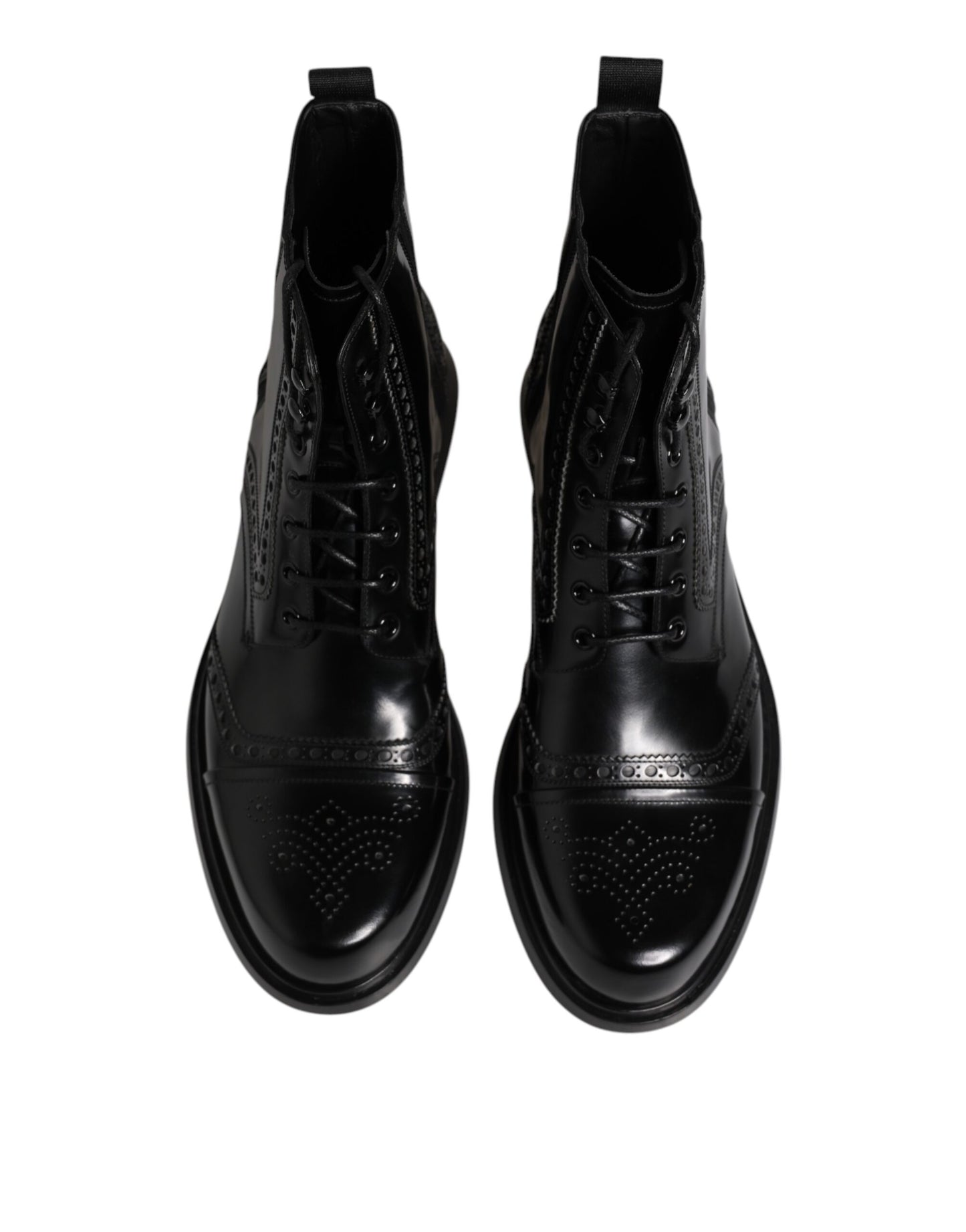 Dolce &amp; Gabbana Black Leather Lace Up Mid Calf Boots Shoes