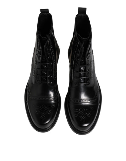 Dolce &amp; Gabbana Black Leather Lace Up Mid Calf Boots Shoes
