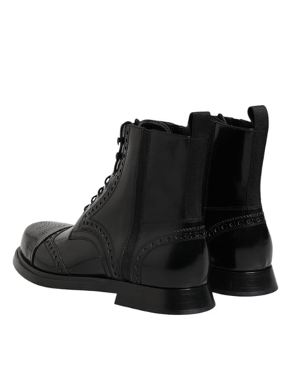 Dolce &amp; Gabbana Black Leather Lace Up Mid Calf Boots Shoes