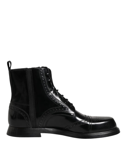 Dolce &amp; Gabbana Black Leather Lace Up Mid Calf Boots Shoes