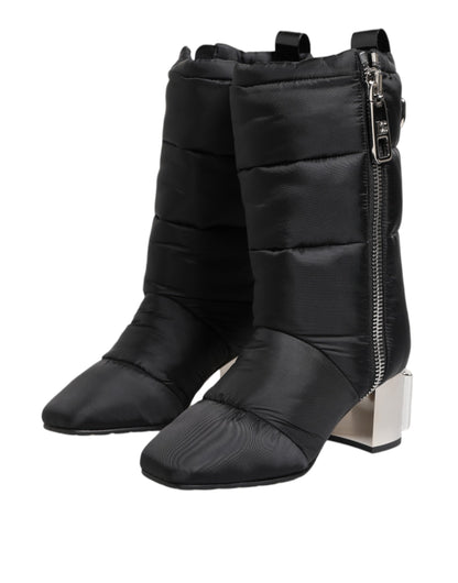Dolce &amp; Gabbana Black Padded Mid Calf Logo Heel Boots Shoes