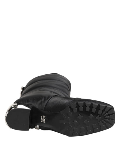 Dolce &amp; Gabbana Black Padded Mid Calf Logo Heel Boots Shoes