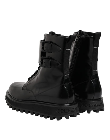 Dolce &amp; Gabbana – Schwarze, wadenhohe Schnürstiefel aus Leder