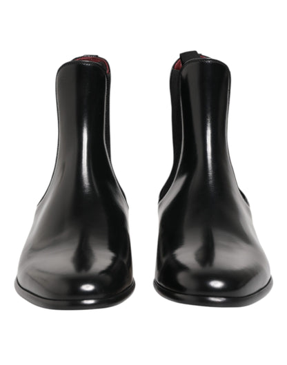 Dolce &amp; Gabbana Black Leather Slip On Mid Calf Boots Shoes