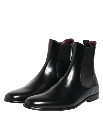 Dolce &amp; Gabbana Black Leather Slip On Mid Calf Boots Shoes