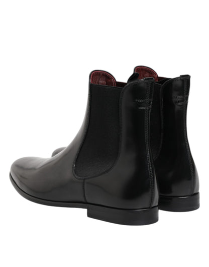 Dolce &amp; Gabbana Black Leather Slip On Mid Calf Boots Shoes