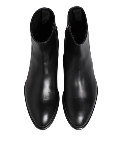 Dolce &amp; Gabbana Black Leather Mid Calf Men Boots Shoes