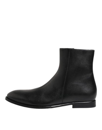 Dolce &amp; Gabbana Black Leather Mid Calf Men Boots Shoes