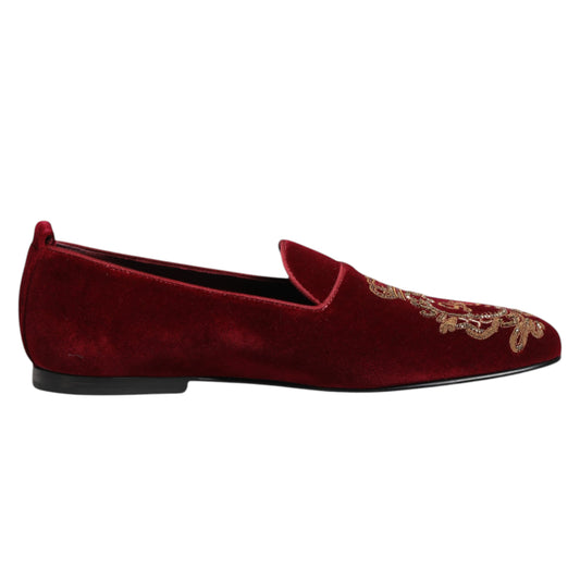 Dolce &amp; Gabbana Roter Samt Gold Crown Herren Loafer Schuhe