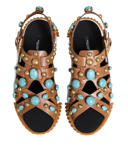 Dolce &amp; Gabbana Brown Leather Studded Slides Sandals Shoes