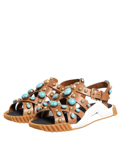 Dolce &amp; Gabbana Brown Leather Studded Slides Sandals Shoes