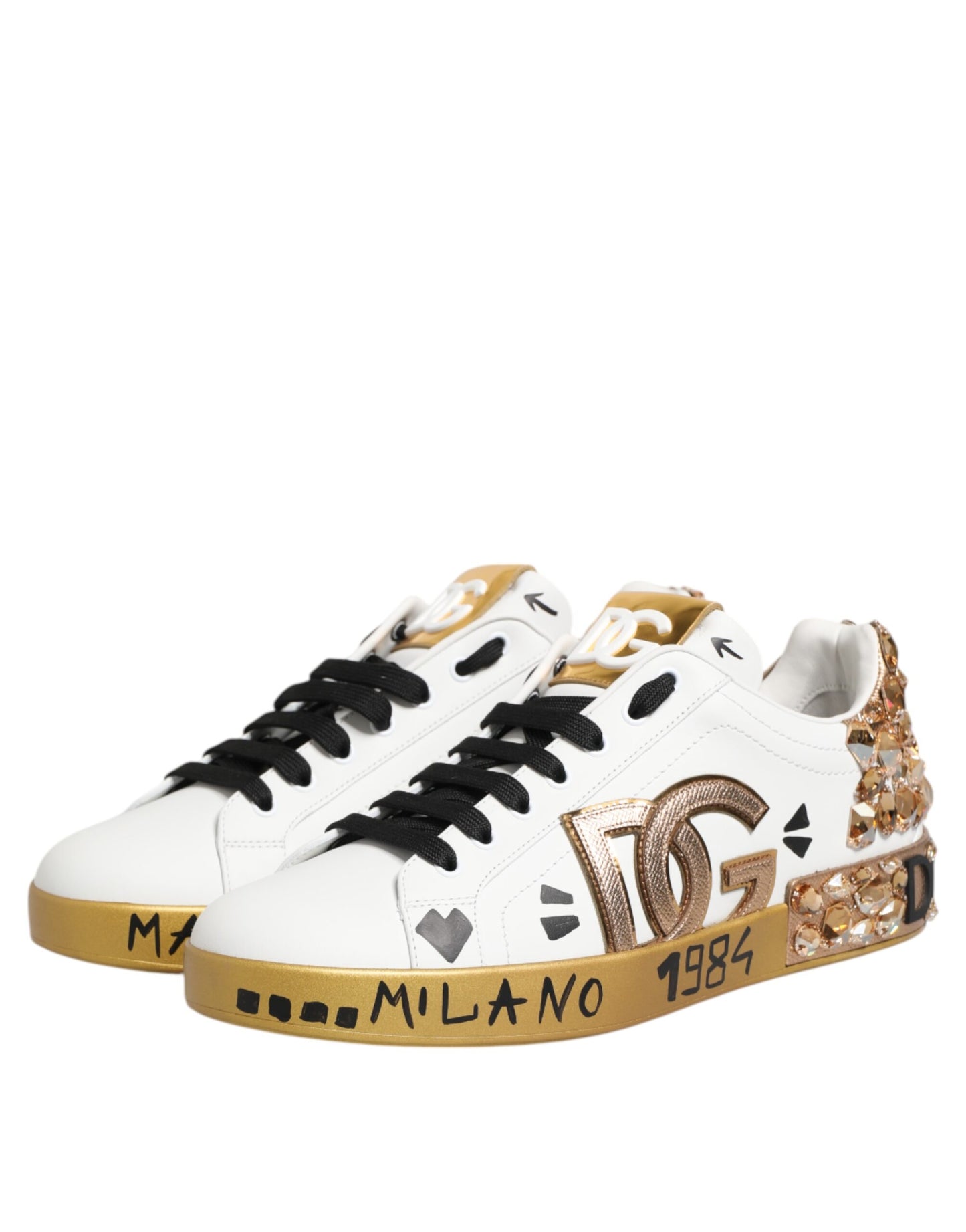 Dolce &amp; Gabbana White Gold Crystal Portofino Sneakers Shoes