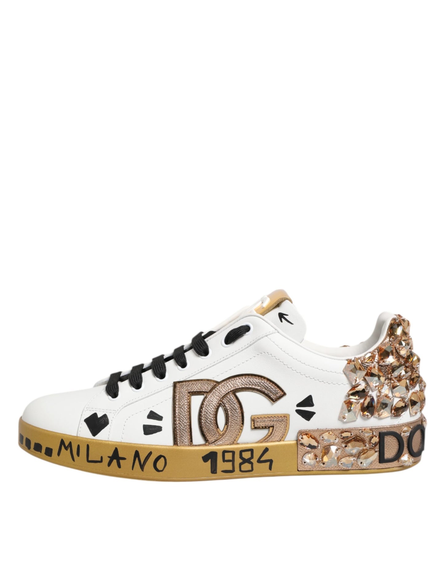 Dolce &amp; Gabbana White Gold Crystal Portofino Sneakers Shoes