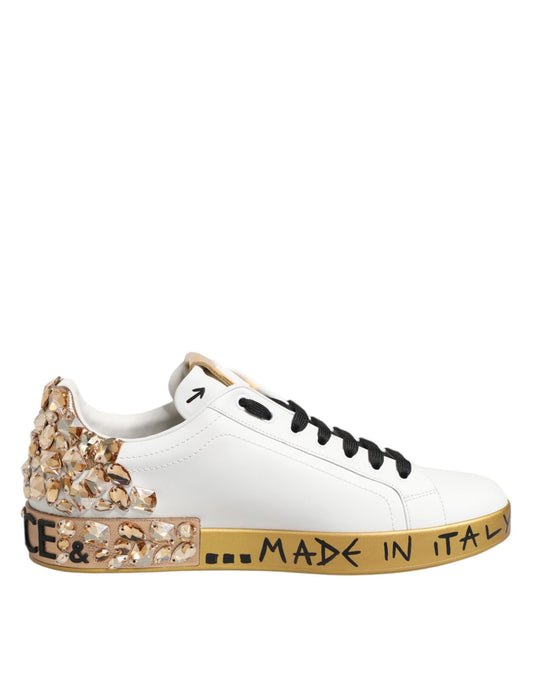 Dolce &amp; Gabbana White Gold Crystal Portofino Sneakers Shoes