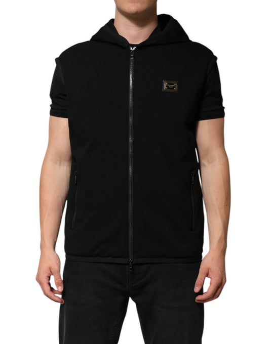 Dolce &amp; Gabbana – Schwarze ärmellose Kapuzenjacke mit Logo-Schild