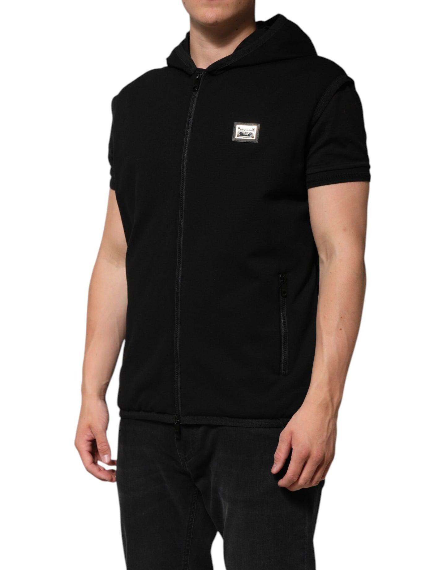 Dolce &amp; Gabbana – Schwarze ärmellose Kapuzenjacke mit Logo-Schild