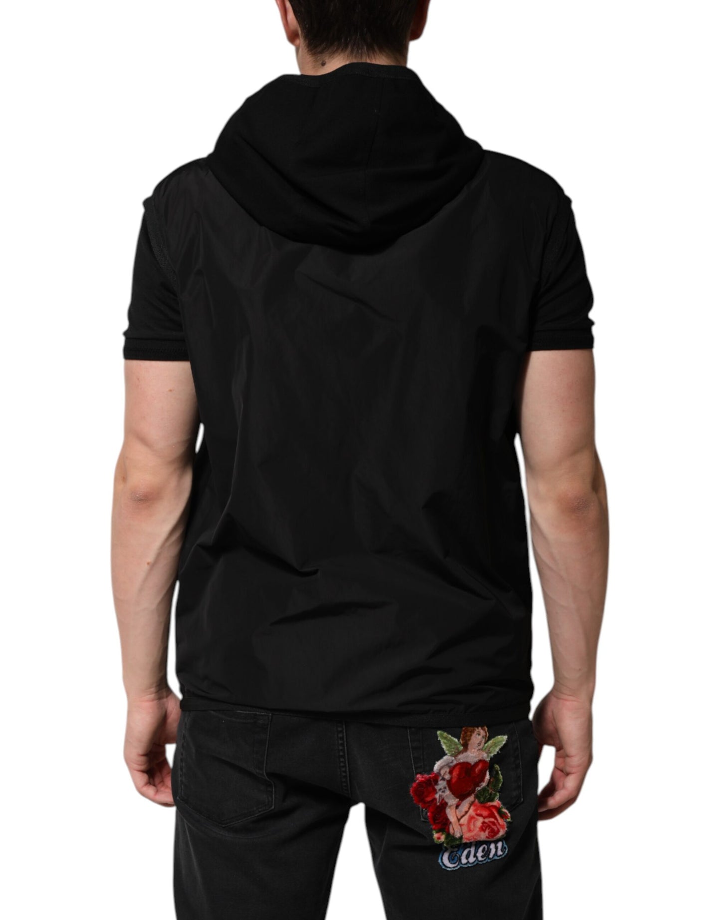 Dolce &amp; Gabbana – Schwarze ärmellose Kapuzenjacke mit Logo-Schild