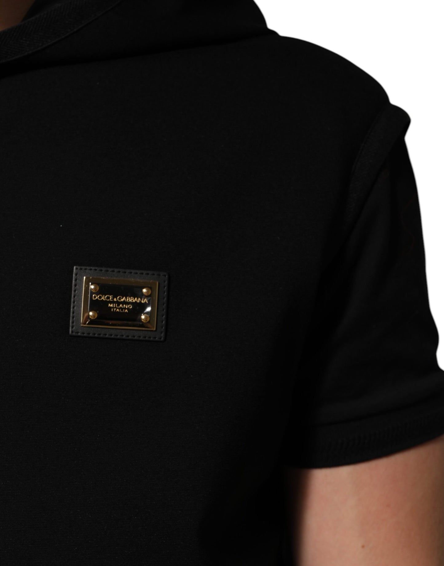 Dolce &amp; Gabbana – Schwarze ärmellose Kapuzenjacke mit Logo-Schild