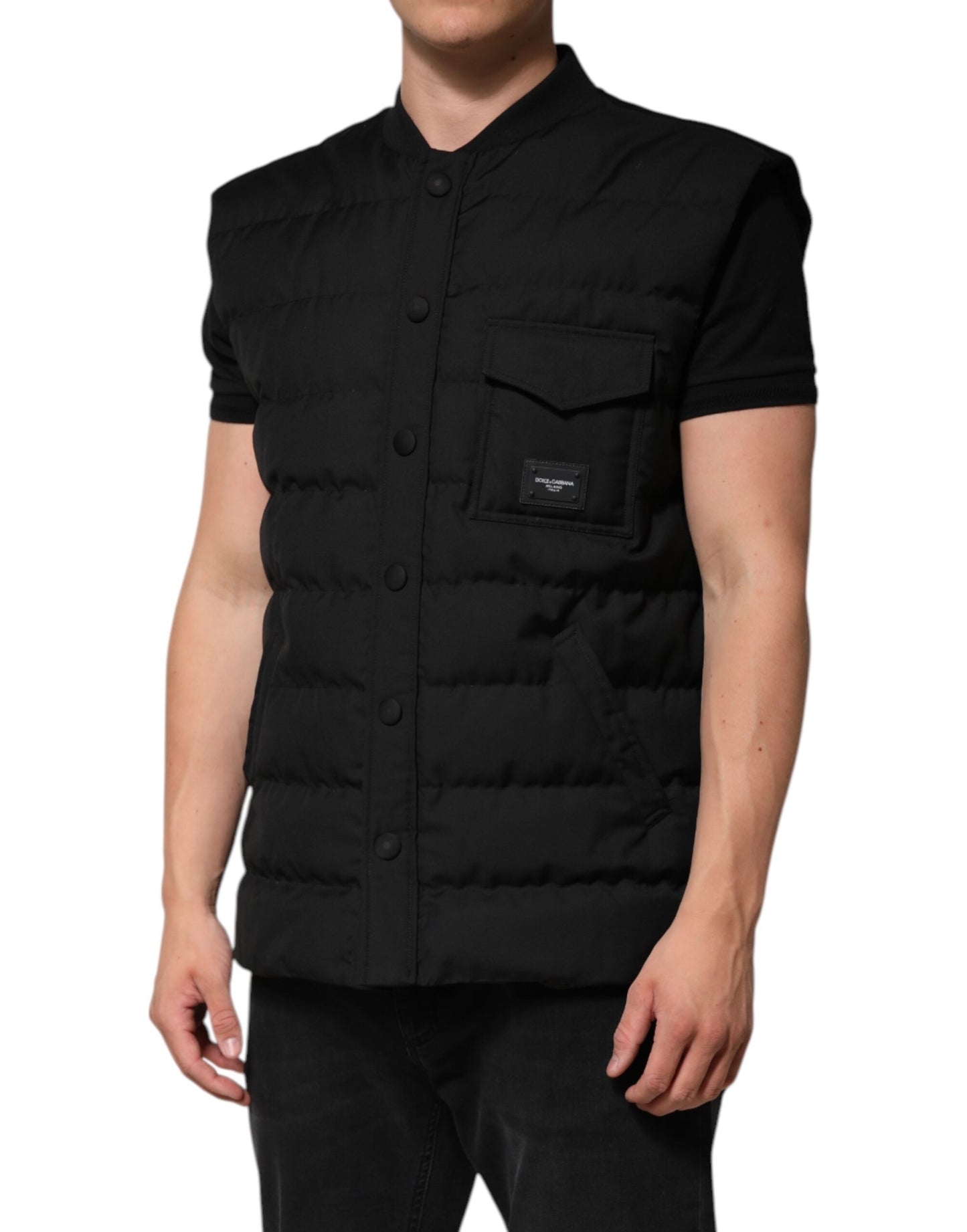 Dolce &amp; Gabbana – Schwarze ärmellose Parka-Jacke mit Logo-Plakette