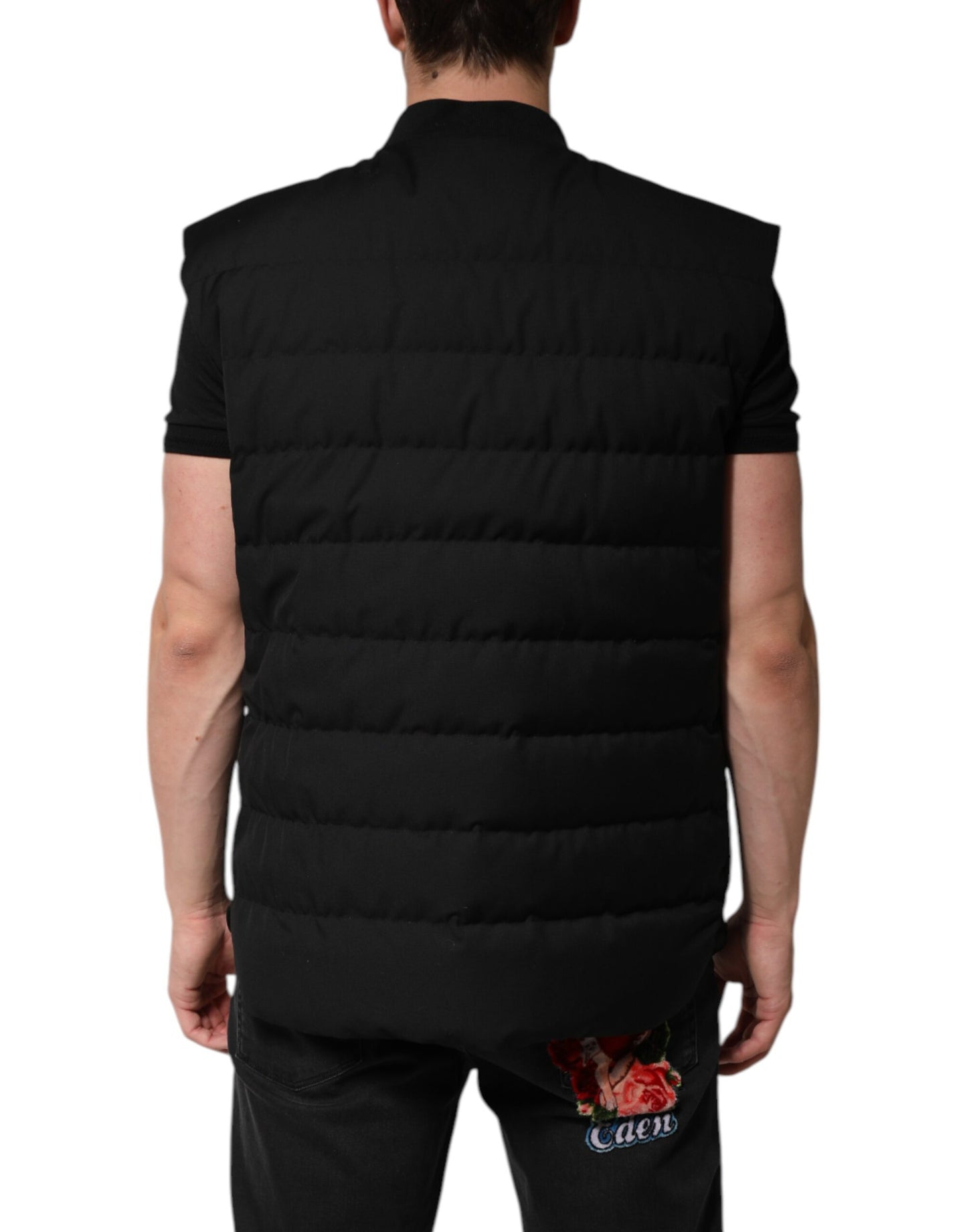 Dolce &amp; Gabbana – Schwarze ärmellose Parka-Jacke mit Logo-Plakette