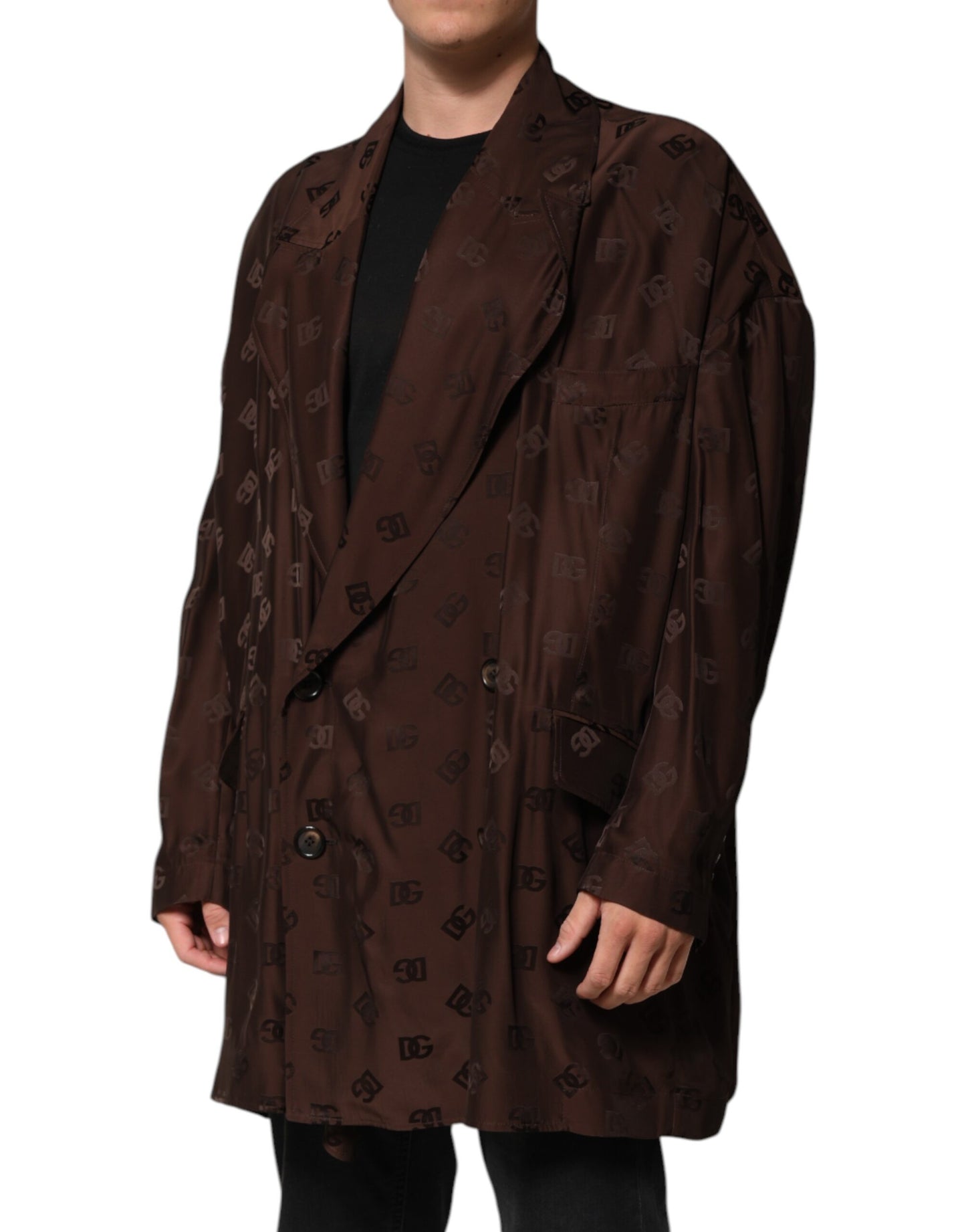 Dolce &amp; Gabbana Braune Polyester-Manteljacke mit Logo-Monogramm