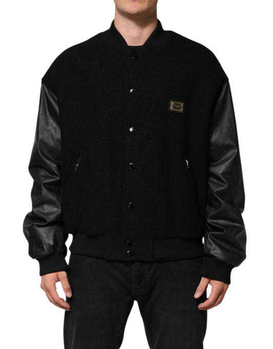Dolce &amp; Gabbana – Bomberjacke aus schwarzer Wolle mit Logo-Plakette
