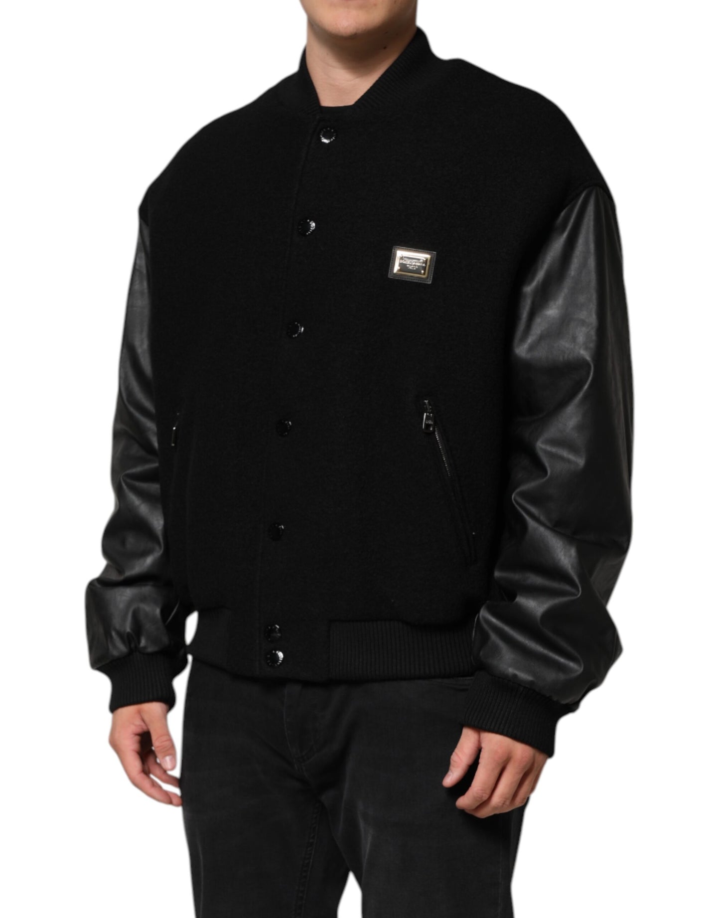 Dolce &amp; Gabbana – Bomberjacke aus schwarzer Wolle mit Logo-Plakette