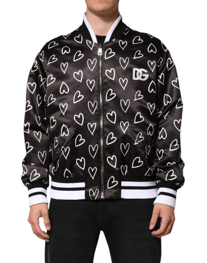 Dolce &amp; Gabbana – Schwarze Bomberjacke aus Polyester mit Herz-Print