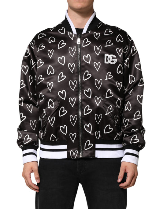Dolce &amp; Gabbana – Schwarze Bomberjacke aus Polyester mit Herz-Print