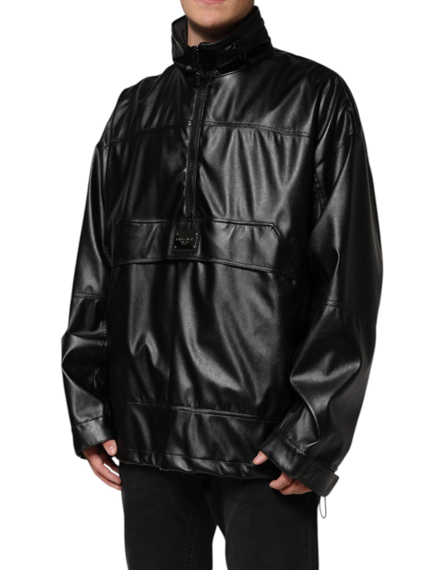 Dolce &amp; Gabbana – Bomberjacke aus schwarzem Polyester mit Logo-Schild