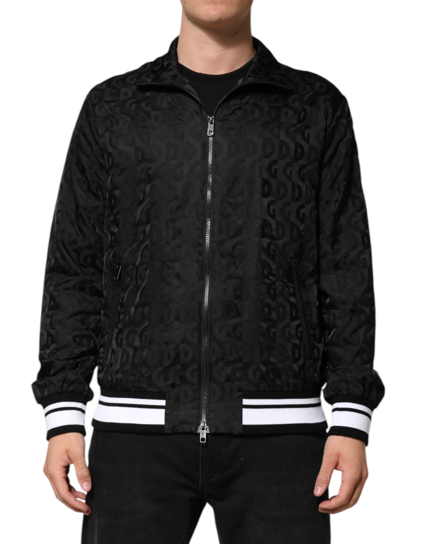 Dolce &amp; Gabbana Black Jacquard Men Full Zip Bomber Sweater