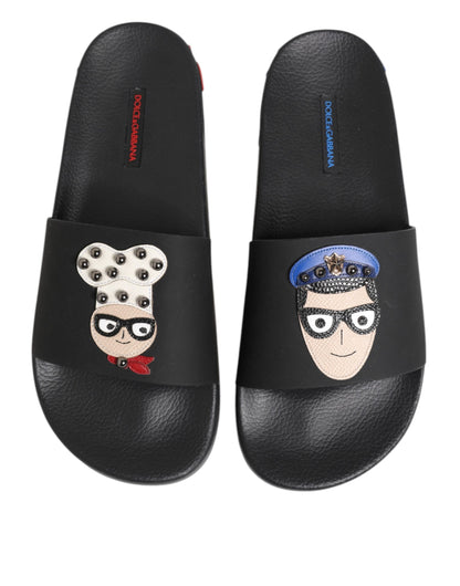 Dolce &amp; Gabbana Black Leather Slides Flats Beachwear Shoes