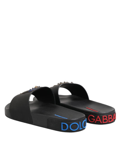 Dolce &amp; Gabbana Black Leather Slides Flats Beachwear Shoes