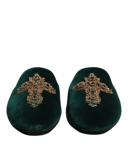 Dolce &amp; Gabbana Green Velvet Cross Embellished Slippers Shoes