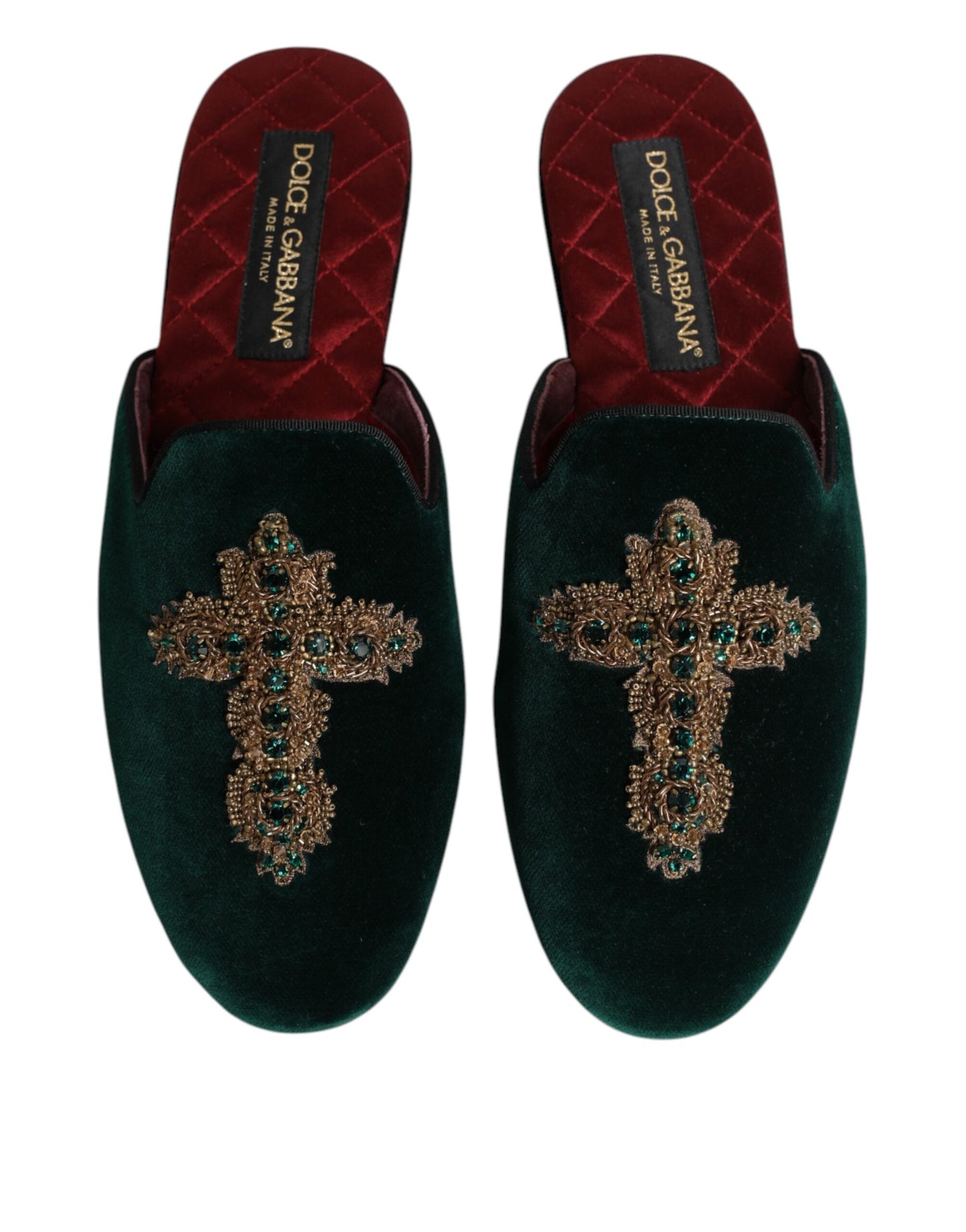 Dolce &amp; Gabbana Green Velvet Cross Embellished Slippers Shoes