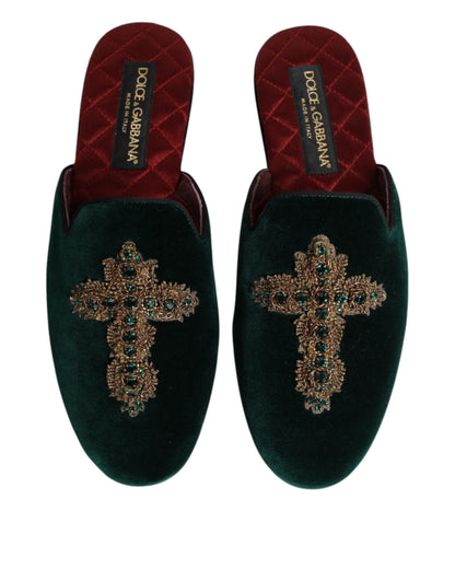 Dolce &amp; Gabbana Green Velvet Cross Embellished Slippers Shoes