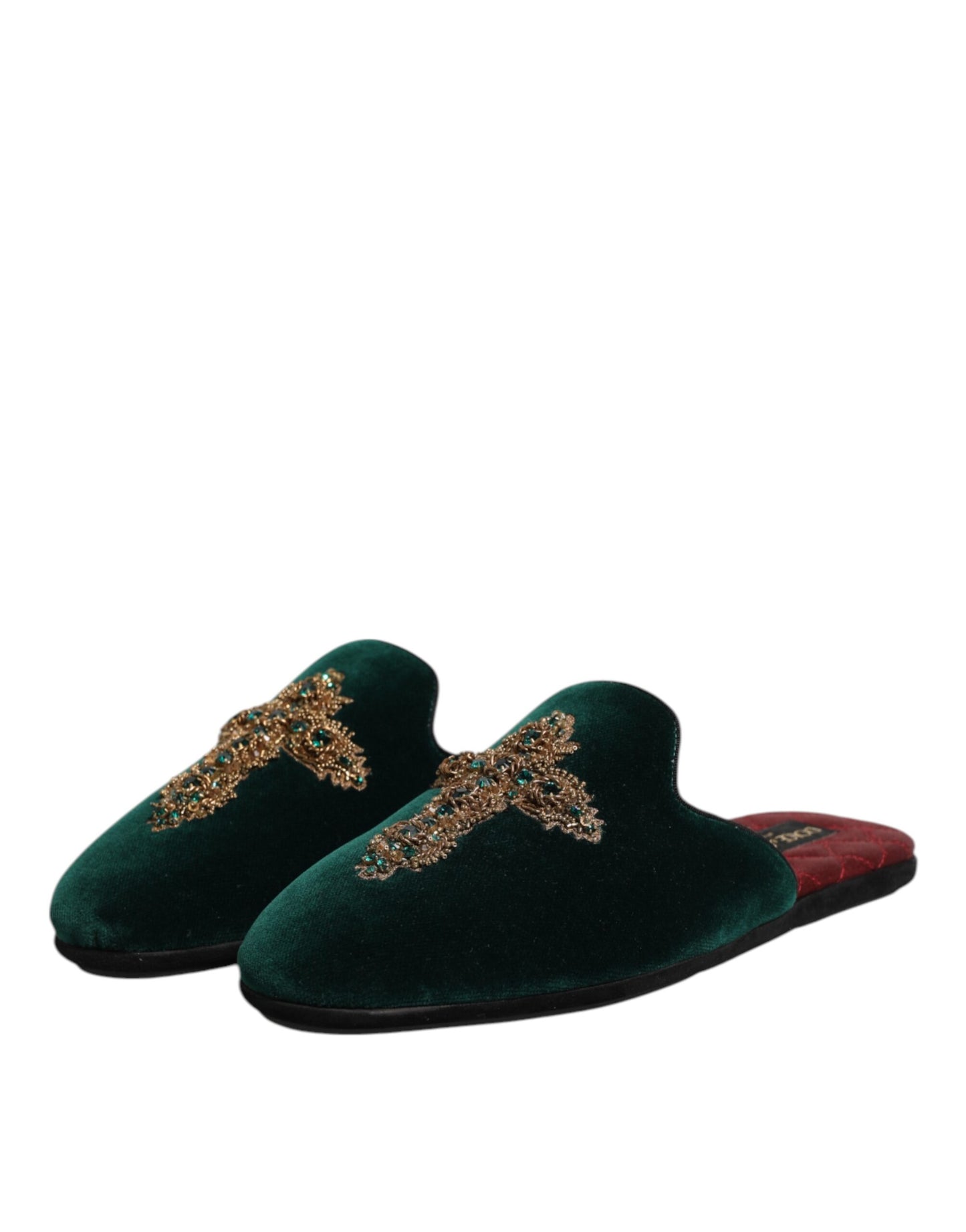 Dolce &amp; Gabbana Green Velvet Cross Embellished Slippers Shoes