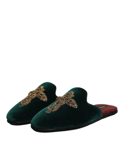Dolce &amp; Gabbana Green Velvet Cross Embellished Slippers Shoes