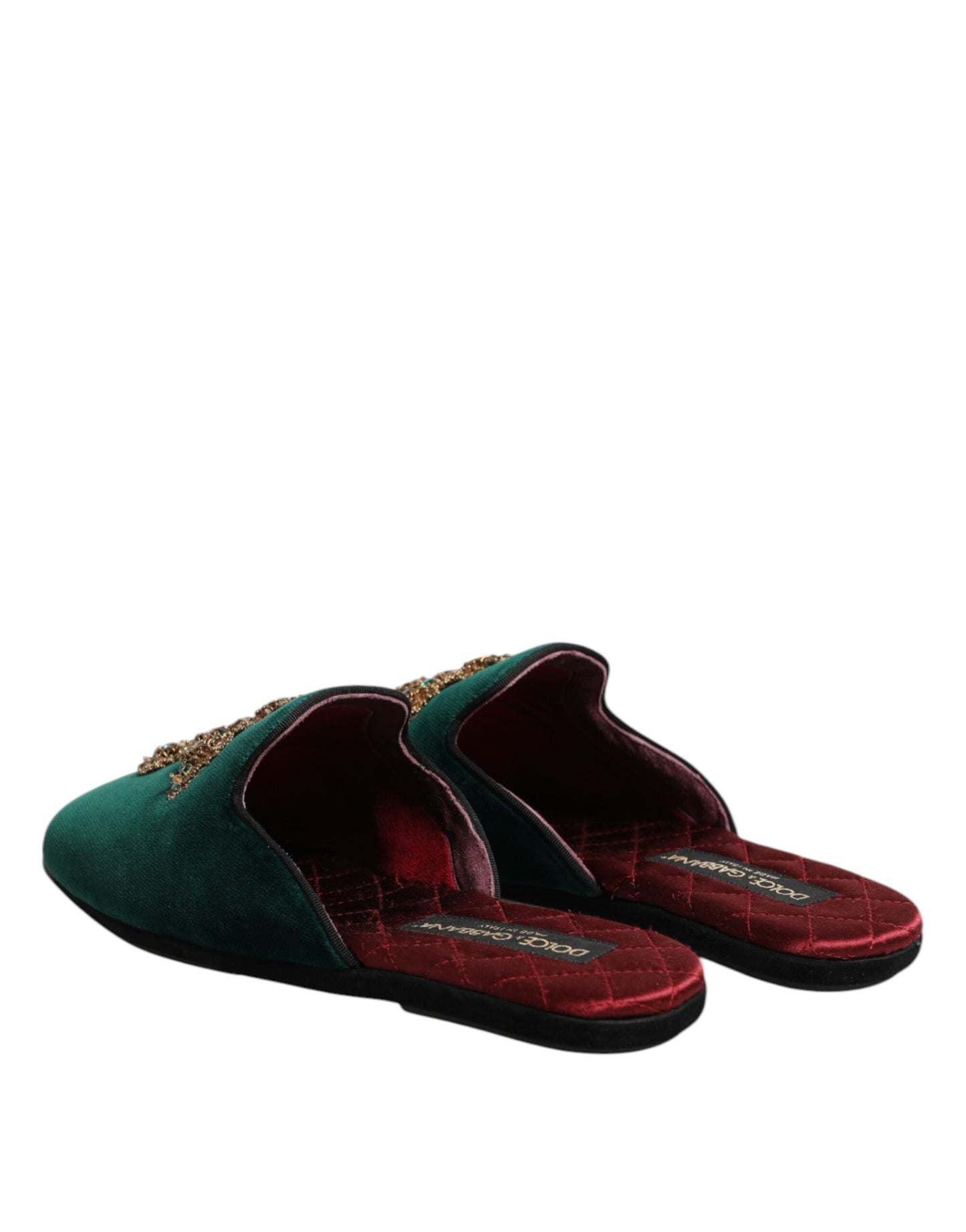 Dolce &amp; Gabbana Green Velvet Cross Embellished Slippers Shoes
