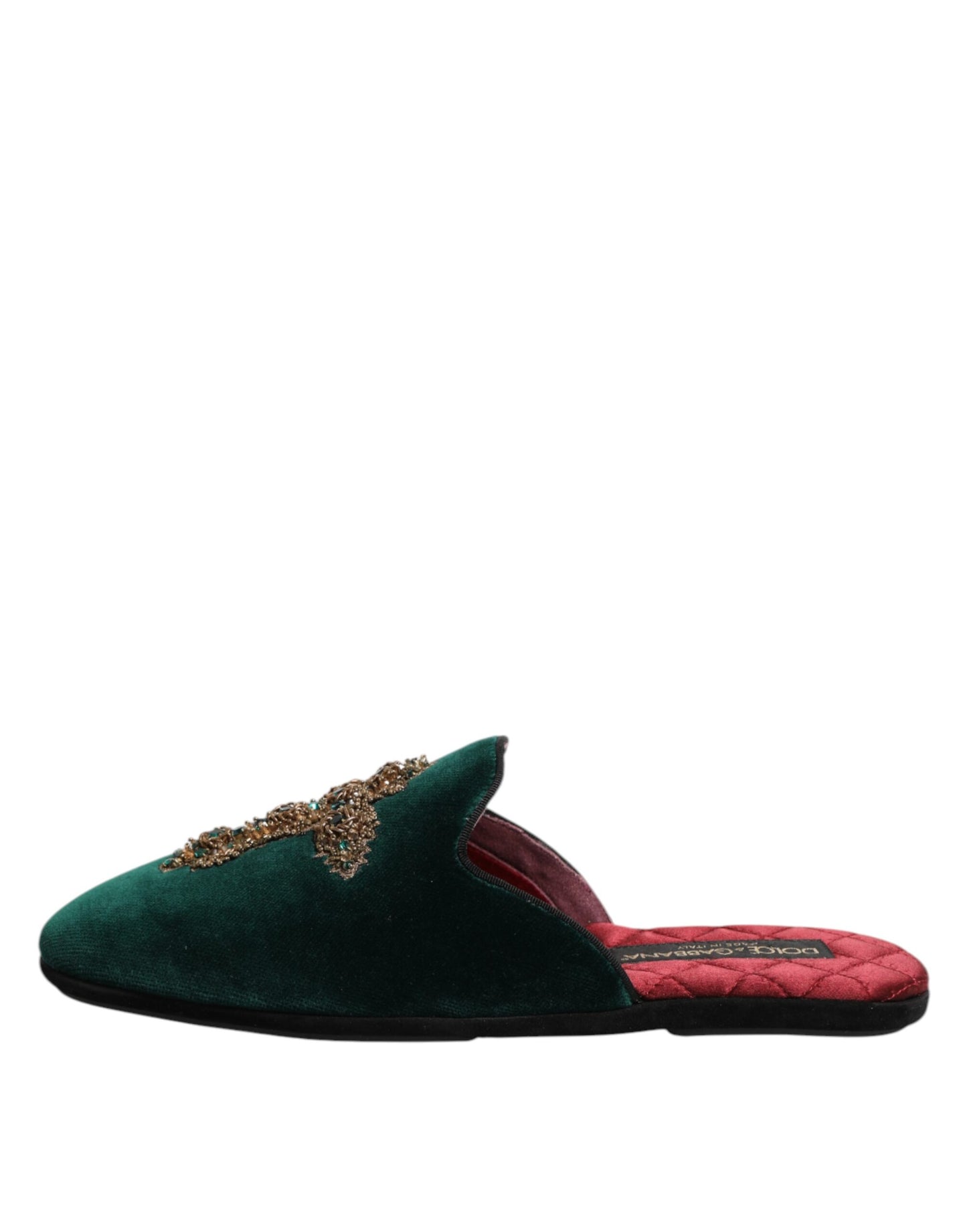 Dolce &amp; Gabbana Green Velvet Cross Embellished Slippers Shoes