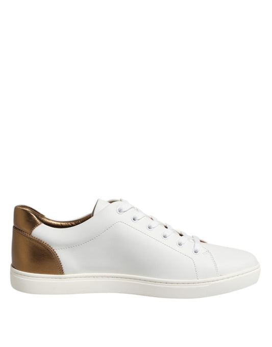 Dolce &amp; Gabbana White Brown Leather Low Top Men Sneakers Shoes