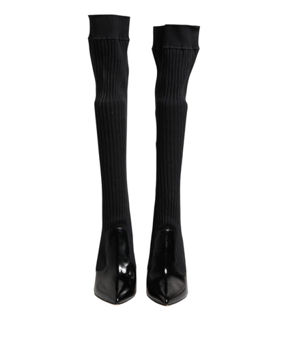 Dolce &amp; Gabbana Black Leather Ribbed Knit Knee Boots Shoes